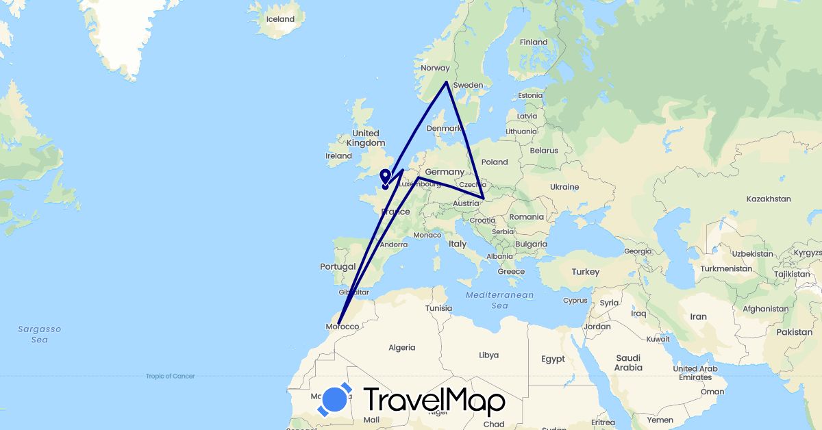 TravelMap itinerary: driving in Belgium, France, Morocco, Norway, Slovakia (Africa, Europe)
